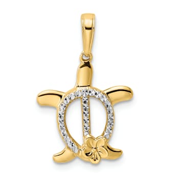 14k Two-tone Gold Diamond-Cut Turtle with Flower Pendant
