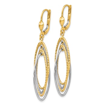 14k Two-tone Textured and Polished Oval Dangle Earrings