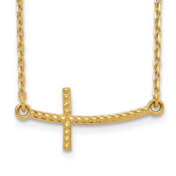 14K Yellow Gold Sideways Curved Textured Cross Necklace