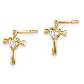 14k Yellow Gold Children's Cubic Zirconia Cross with Heart Stud Earrings