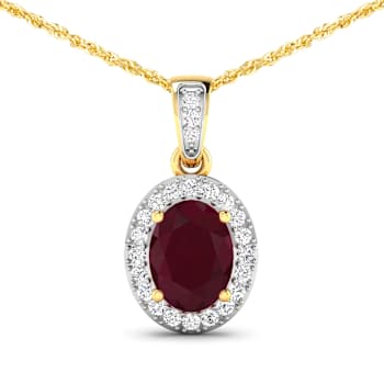 1.50ctw 14K Yellow Gold Ruby and White Diamond Pendant with 18 inch
Cable Chain