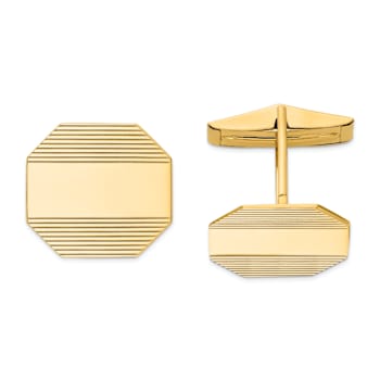 14k Yellow Gold Men's Rectangular Octagon With  Line Design Cuff Links
