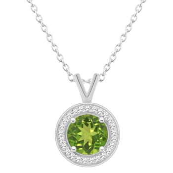 7mm Round Peridot 1/8 ctw Diamond Rhodium Over Sterling Silver Halo
Pendant with Chain