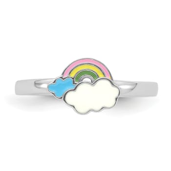 Rhodium Over Sterling Silver Multi-color Enameled Rainbow Children's Ring