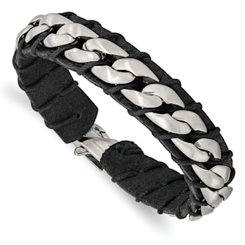 Black Leather and Stainless Steel Brushed Curb Chain 8.5-inch Bracelet