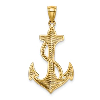 14k Yellow Gold Textured and Polished Anchor with Rope Pendant