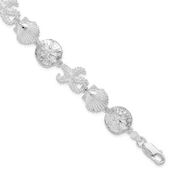 Rhodium Over Sterling Silver Polished Starfish, Shell, Sand Dollar Bracelet