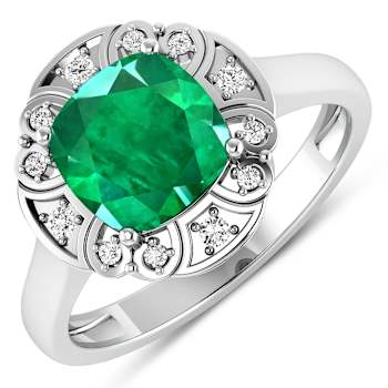 Green Emerald and White Diamond 14K White Gold Halo Ring 2.16 ctw