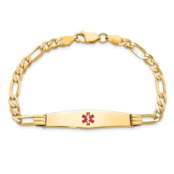 14k Yellow Gold Medical Soft Diamond Shape Red Enamel Figaro Link ID Bracelet