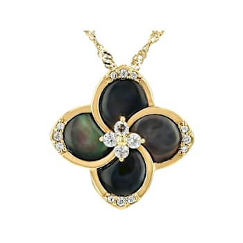Black Mother-Of-Pearl And White Zircon Clover Pendant Necklace In 18K
Gold Over Sterling Silver 0.16ctw