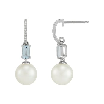 8-8.5mm Round White Freshwater Pearl, Aquamarine and Diamond Accents 14K
White Gold Drop Earrings
