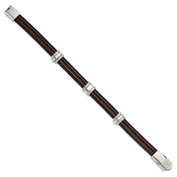 Black and Brown Leather and Stainless Steel Polished 8.25-inch Bracelet