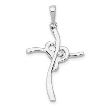 Rhodium Over 14k White Gold Champagne Diamond Heart Cross Pendant