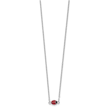Rhodium Over Sterling Silver Enamel Ladybug with 2-inch Extension Childs Necklace