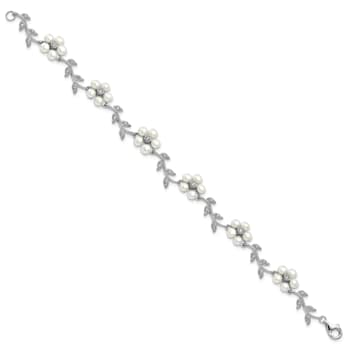 Rhodium Over Sterling Silver Freshwater Cultured Pearl and Cubic
Zirconia Floral Bracelet