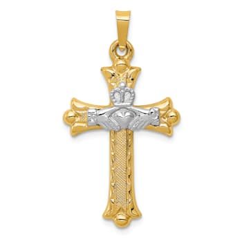14K Yellow and White Gold Claddagh Cross Pendant