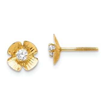 14k Yellow Gold 7mm Flower Cubic Zirconia Stud Earrings