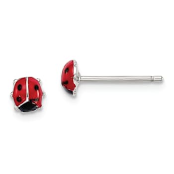 Rhodium Over Sterling Silver Enamel Ladybug Children's Post Earrings