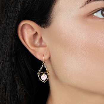 Gold Tone Heart Porcelain Rose Wire Earrings