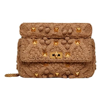 Valentino Garavani Roman Stud Large Shoulder Bag Brown Knit Cashmere