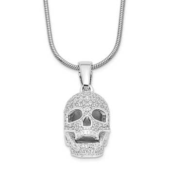 Rhodium Over Sterling Silver Cubic Zirconia Polished Skull Necklace