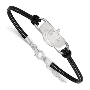 Rhodium Over Sterling Silver NHL LogoArt Vancouver Canucks Leather Bracelet