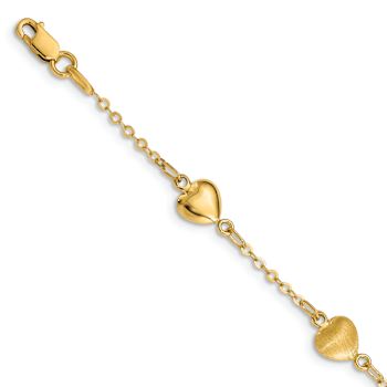 14k Yellow Gold Brushed and Polished Hearts Station Bracelet