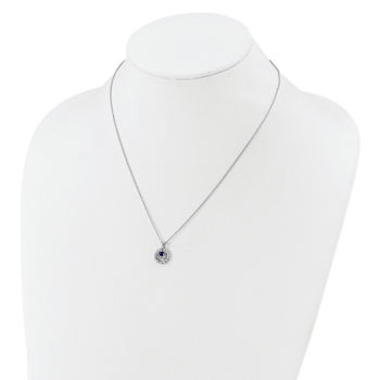 Rhodium Over Sterling Silver Polished Cubic Zirconia and Blue Glass with
2 Inch Extension Necklace