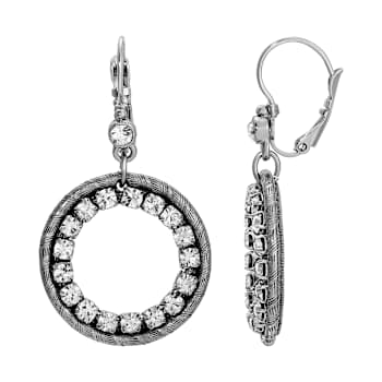 Pewter/Silver Tone Clear Crystal Circle Drop Earrings