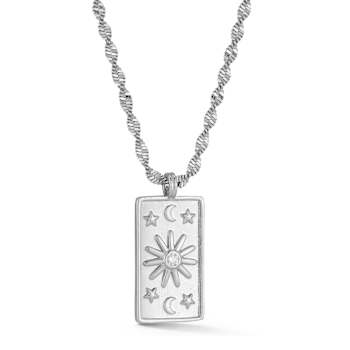 Rachel Zoe CZ Celestial Tag Pendant Necklace in Rhodium Over Brass