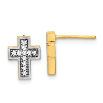 14K Yellow Gold and Rhodium Over 14K Yellow Gold Micro Pave Cubic
Zirconia Cross Stud Earrings