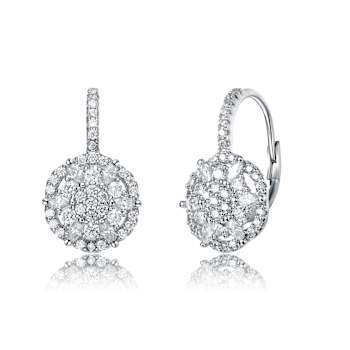 CZ Flower Cluster Halo Drop Earrings In White Rhodium Over Brass