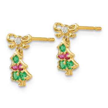 14K Yellow Gold Cubic Zirconia Children's Christmas Tree Dangle Post Earrings