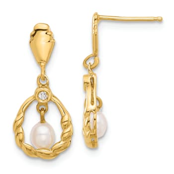 14K Yellow Gold 3-4mm Teardrop Freshwater Cultured Pearl and 0.02ct
Diamond Post Dangle Earrings