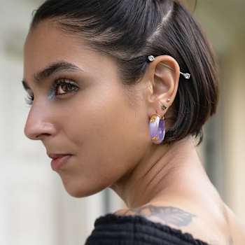 14K Yellow Gold Over Sterling Silver Mini Gold Leaf Acrylic Hoops in Ice Blue