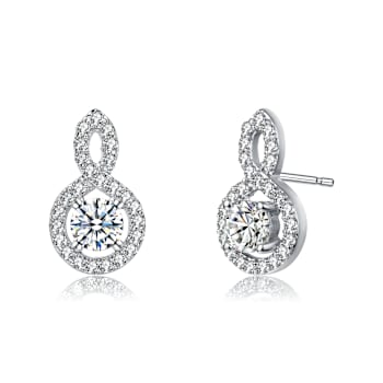 CZ Halo Drop Earrings In Rhodium Over Brass