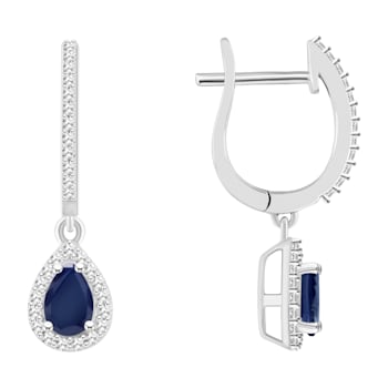 6x4mm Pear Shape Sapphire 1/3 ctw Diamond Rhodium Over Sterling Silver
Dangle Halo Earrings