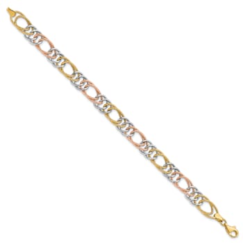 14k tri-color gold 8.5mm Textured 3D Fancy Double Link Bracelet