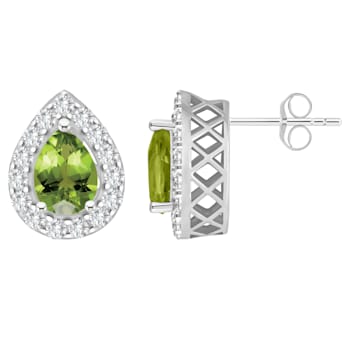 8x5mm Pear Shape Peridot And White Topaz Accent Rhodium Over Sterling
Silver Halo Stud Earrings