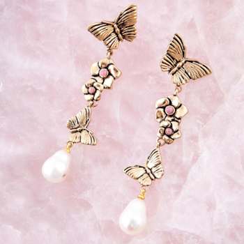 Barse Jewelry Freshwater Pearl With Rhodonite Gold Tone Butterfly Dangle Earrings