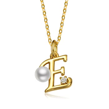 Initial E Pear Shape CZ And Pearl Pendant Necklace In 14K Gold Over Brass