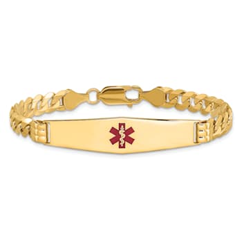 14k Yellow Gold Medical Soft Diamond Shape Red Enamel Curb Link ID Bracelet