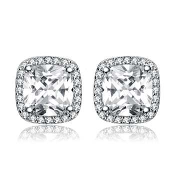 Princess-Cut CZ Halo Stud Earrings In Sterling Silver