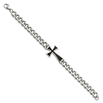 Stainless Steel Polished Black Carbon Fiber Inlay Cross Bracelet