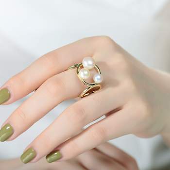 Pear Shape Pearl Cluster Ball Ring In 14K Gold Over Sterling Silver