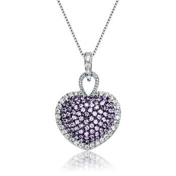 Pink CZ Pave Heart Pendant Necklace In Sterling Silver