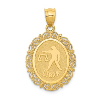 14k Yellow Gold Solid Satin, Polished and Textured Libra Zodiac Oval Pendant