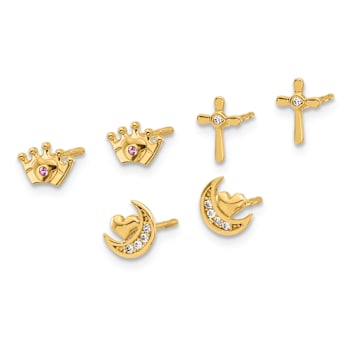 14k Yellow Gold Polished Cubic Zirconia Moon Cross and Crown Three Pair
Stud Earrings Set