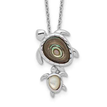 Rhodium Over Sterling Silver Abalone and Mother of Pearl Turtle Necklace