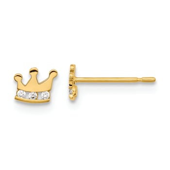 14k Yellow Gold Kids Cubic Zirconia Crown Stud Earrings